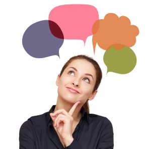 Thinking woman with many colorful chart bubbles above isolated